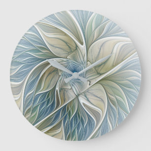 Grande Horloge Ronde Motif de rêve floral Abstrait Bleu Kaki Fractal