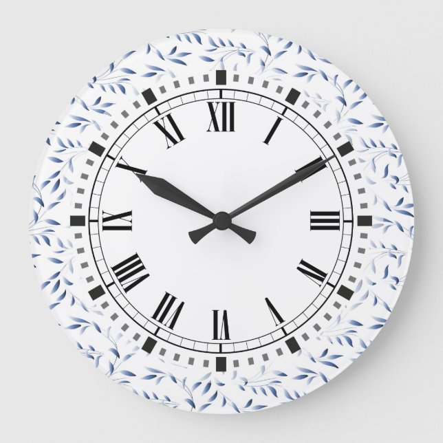 Grande Horloge Ronde Motif de saule élégant bleu et blanc (Recto)