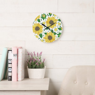 Grande Horloge Ronde Motif de tournesol à l'aquarelle