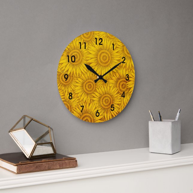 Grande Horloge Ronde Motif De Tournesol, Jaune Éblouissant, (Bureau)