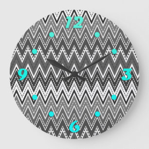 Grande Horloge Ronde Motif de zigzag géométrique noir et blanc