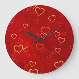 Grande Horloge Ronde motif des coeurs rouges