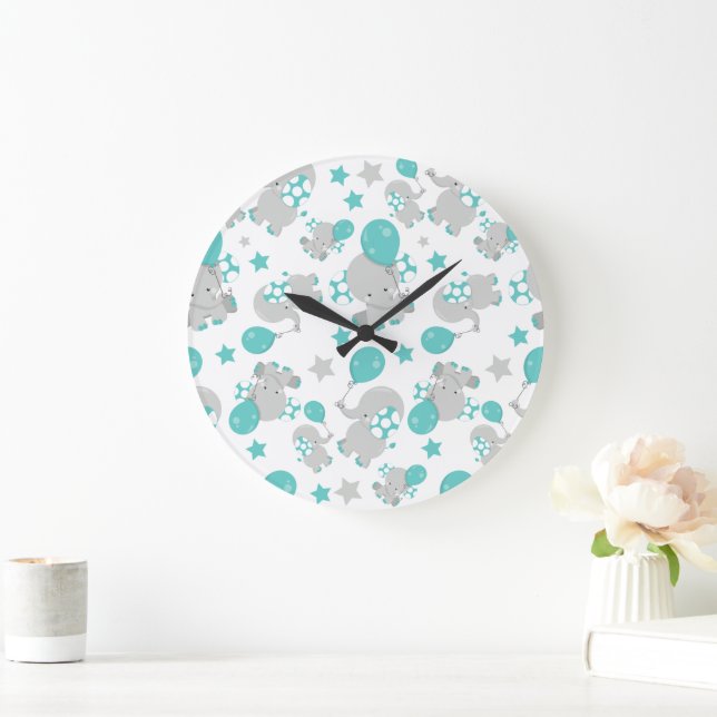 Grande Horloge Ronde Motif Des Eléphants, Eléphants Mignons - Gris Bleu (Maison)