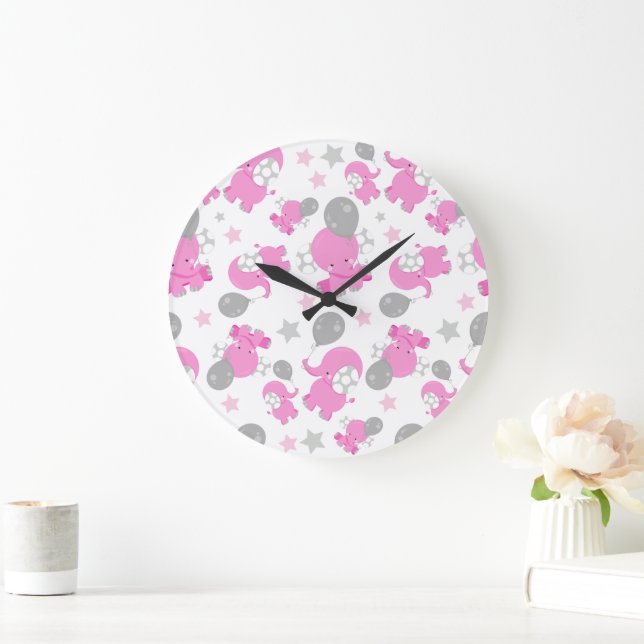 Grande Horloge Ronde Motif Des Eléphants Roses, Eléphants Mignons, Étoi (Maison)