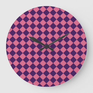 Grande Horloge Ronde Motif diamant à carreaux rose violet
