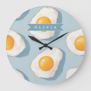 Grande Horloge Ronde Motif d'oeuf frit personnalisé amusant bleu drôle