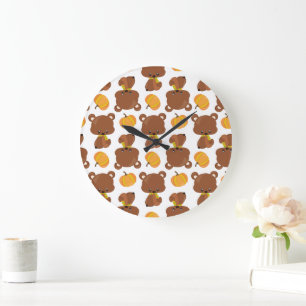 Grande Horloge Ronde Motif D'Ours, Ours Mignons, Automne, Citrouille