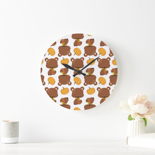 Grande Horloge Ronde Motif D'Ours, Ours Mignons, Automne, Citrouille (Maison)