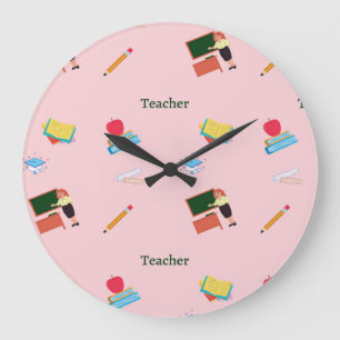 Grande Horloge Ronde Motif du poste d'enseignant en rose
