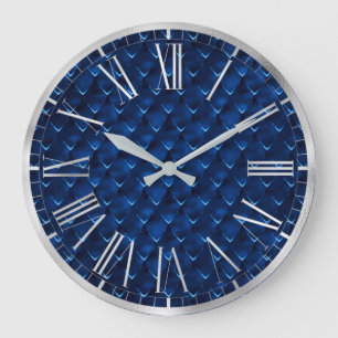 Grande Horloge Ronde Motif Écailles de Dragon en Feuille de Bleu Royal 