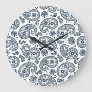 Grande Horloge Ronde Motif en cachemire bleu foncé indien sur blanc