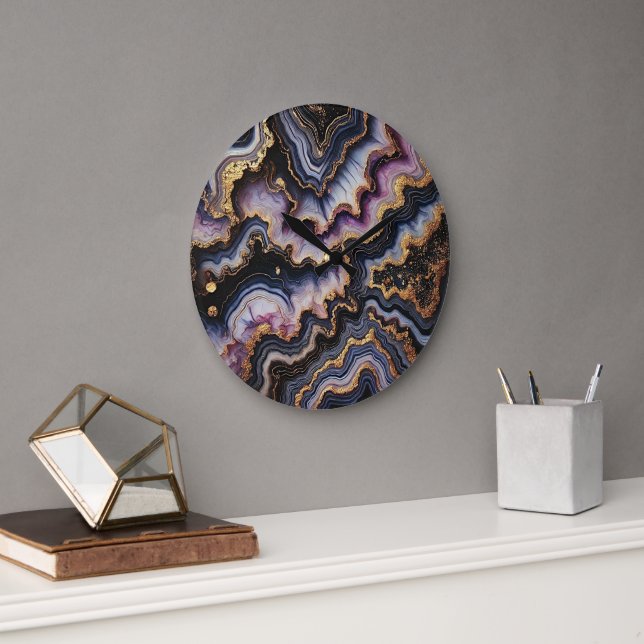 Grande Horloge Ronde Motif en marbre noir violet violet violet or chic (Bureau)
