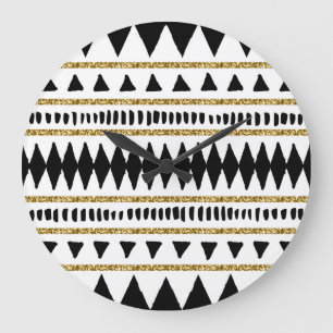 Grande Horloge Ronde Motif ethnique Black Gold Parties scintillant