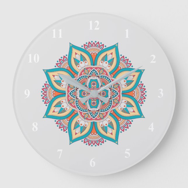 Grande Horloge Ronde Motif ethnique marocain coloré Mandala (Recto)