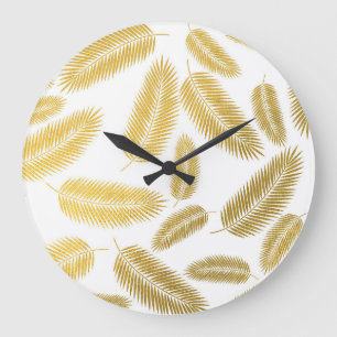 Grande Horloge Ronde Motif Feuille Faux Gold Palm