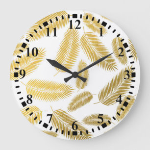 Grande Horloge Ronde Motif Feuille Faux Gold Palm