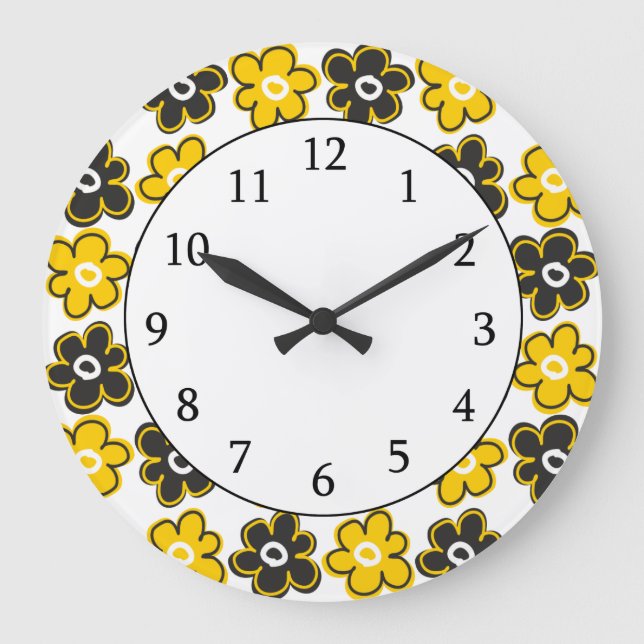 Grande Horloge Ronde Motif Fleurs Rétro Jaunes Et Noirs (Recto)