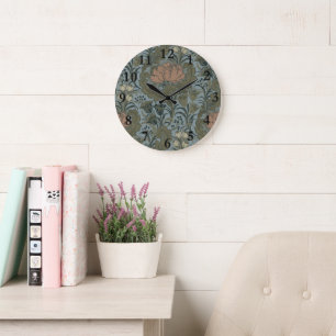 Grande Horloge Ronde Motif floral antique victorien terre cuite vert sa