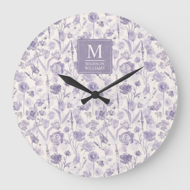 Grande Horloge Ronde Motif floral aquarelle lavande violet fleurs (Recto)