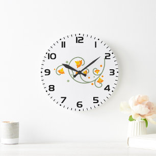 Grande Horloge Ronde Motif floral avec Fleur orange et jaune