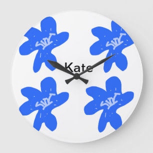 Grande Horloge Ronde Motif floral bleu aquarelle ajouter nom