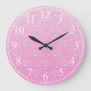 Grande Horloge Ronde Motif Floral Damassé Rose Féminin