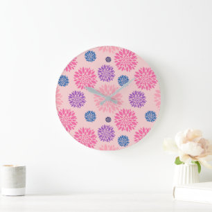 Grande Horloge Ronde Motif floral décoratif rose, violet et bleu