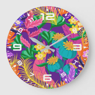 Grande Horloge Ronde Motif floral exotique coloré-23148