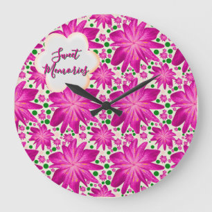 Grande Horloge Ronde Motif floral sans couture rose vif personnalisé