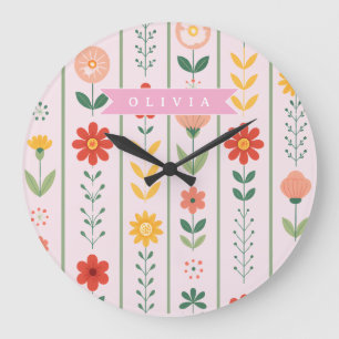 Grande Horloge Ronde Motif floral scandinave folklorique personnalisé