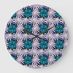Grande Horloge Ronde Motif Floral Tortue Tropical Sans Couture Tortue d