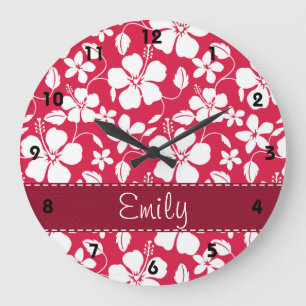 Grande Horloge Ronde Motif floral tropical de Fuschia