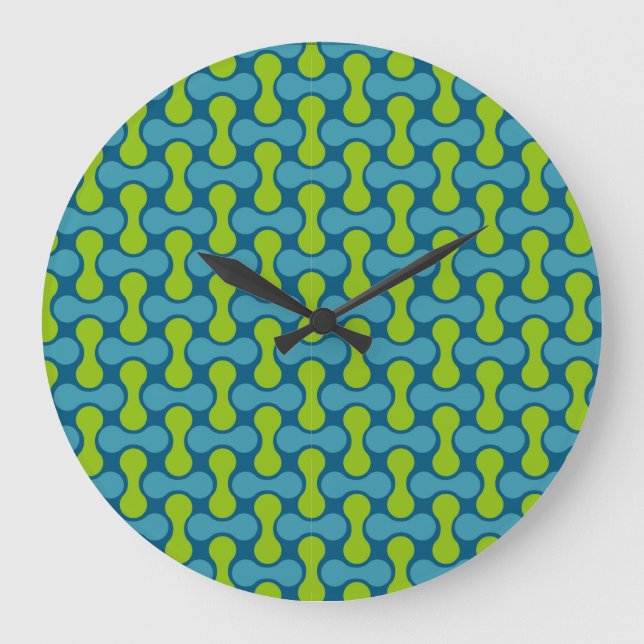 Grande Horloge Ronde Motif géométrique Abstrait rétro en bleu et vert (Recto)