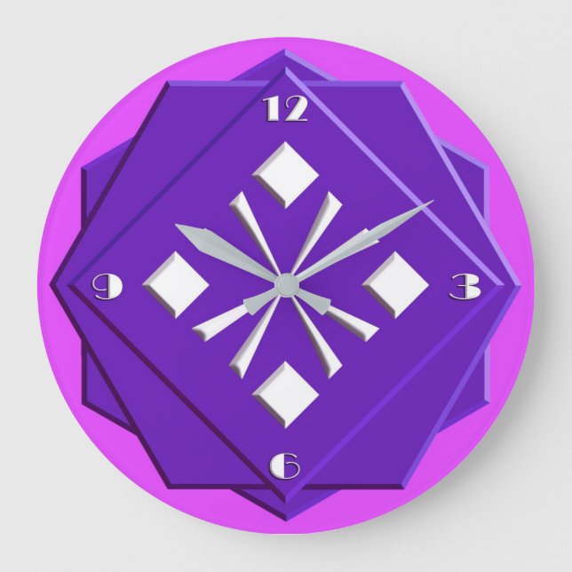 Grande Horloge Ronde motif géométrique Art déco violet et orchidée (Recto)