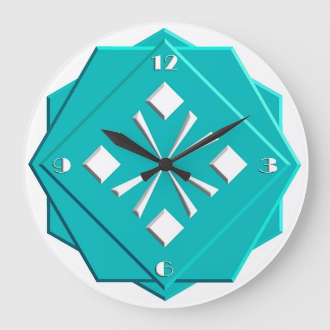 Grande Horloge Ronde Motif géométrique de bleu de turquoise d'art déco (Recto)