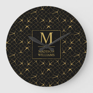Grande Horloge Ronde Motif géométrique de luxe pailleté noir et or