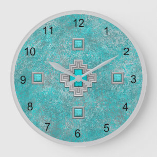 Grande Horloge Ronde Motif géométrique de roche turquoise du Sud-Ouest