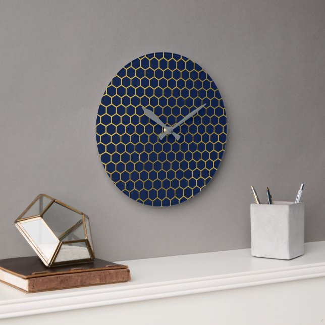 Grande Horloge Ronde Motif géométrique marine bleu et or Hexagon (Bureau)
