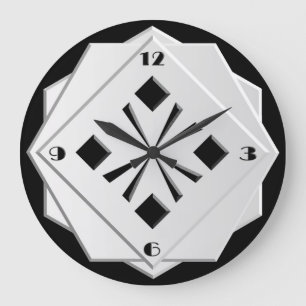 Grande Horloge Ronde Motif géométrique noir et blanc d'art déco