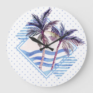 Grande Horloge Ronde Motif géométrique pourpre de palmier d'aquarelle