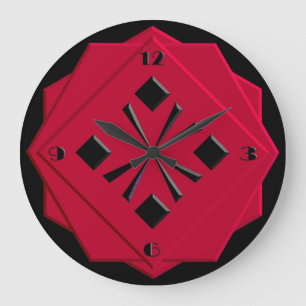Grande Horloge Ronde Motif géométrique rouge Art déco chinois