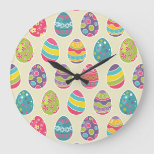 Grande Horloge Ronde Motif mignon en pastel coloré d'oeufs de pâques