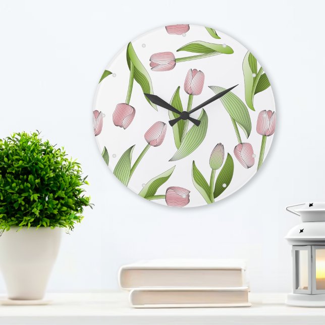 Grande Horloge Ronde Motif moderne à fleurs de tulipe rose (Créateur téléchargé)