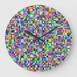 Grande Horloge Ronde Motif multicolore de formes de carrés abstraits