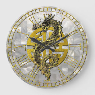 Grande Horloge Ronde Motif nacré de symbole chinois de dragon