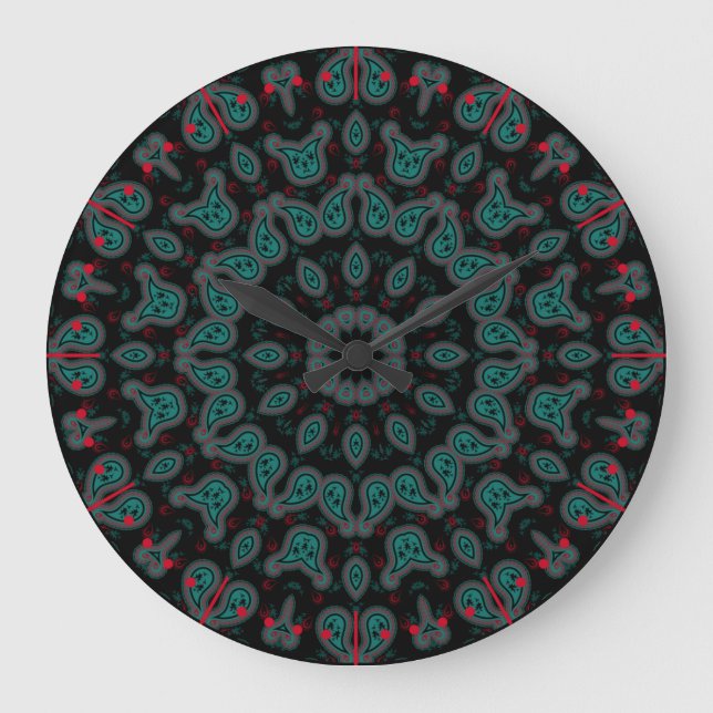 Grande Horloge Ronde Motif noir et Aqua Paisley Boho (Recto)