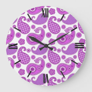 Grande Horloge Ronde Motif Paisley, violet, violet et blanc