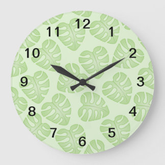 Grande Horloge Ronde Motif Pale Green Leaf.