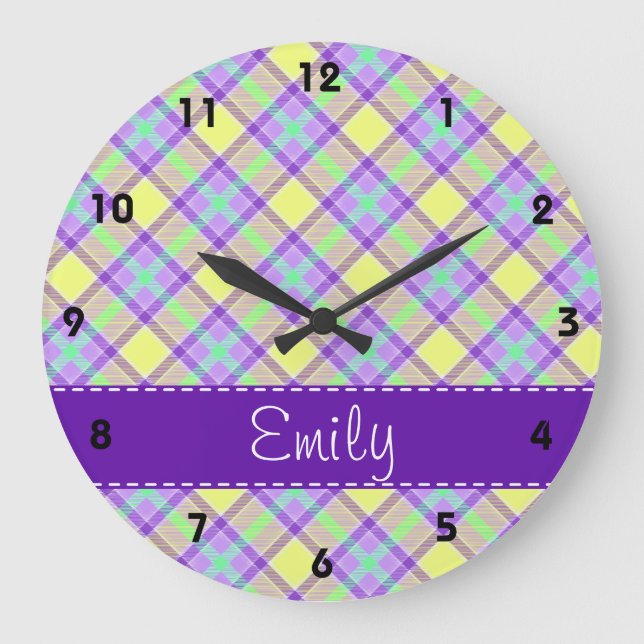 Grande Horloge Ronde Motif pourpre et jaune de plaid (Recto)
