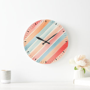 Grande Horloge Ronde Motif rayé coloré aquarelle lumineux